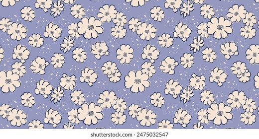 Seamless template with drawn exotic flowers on blue background. Floral template for banner, wrapping paper, cover, fabric, home decor, abstract backgrounds. Vector illustration