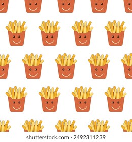  Seamless template with emoji of french fries. Flat, cartoon, retro style. Suitable for decor, design, textile, scrapbooking, wrapping paper, flyers, posters. Vector illustration.