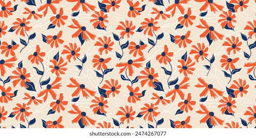 Plantilla sin costuras con flores exóticas dibujadas a mano. Plantilla floral para el Anuncio, papel de embalaje, cubierta, tela, decoración del hogar, fondos abstractos. Ilustración vectorial