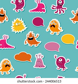 Seamless template with monsters and a cloud of thoughts