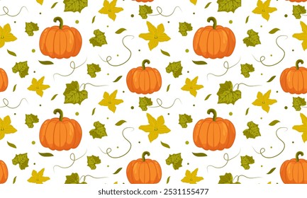 Seamless template with pumpkin, leaves and flowers .Vegetable pumpkin. Vector. Autumn pumpkin symbol for Halloween or Thanksgiving. Flat design. Isolated