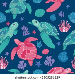 Seamless template with sea creatures for your print applications. Bright background with cute blue and pink cartoon turtles on the background of the seabed. 