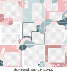 Seamless Template for social network message, puzzle post. Trendy editable vector abstract backgrounds with floral elements illustration in pastel colors. Minimalistic seamless design backgrounds