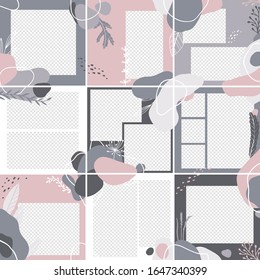 Seamless Template for social network message, puzzle post. Trendy editable vector abstract backgrounds with floral elements illustration in pastel colors. Minimalistic seamless design backgrounds