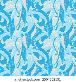 Sin fisuras con dibujo tierno, Elementos abstractos azules sobre fondo gris claro. Para textiles, telas o papel. Vector.