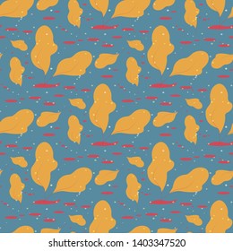 Seamless Tender, Elegant Textile Fabric Pattern, Texture Print with Yellow Color Leaves on Blue Background, Greenery Forest Herbs, Plants. Wrapping Paper, Backdrop, Layout. Flat Vector Illustration