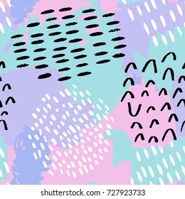 The seamless tender pastel colors pattern with black and white lines, spots, dots and other elements. Hand drawn background for your design. Scandinavian design style. Vector illustration