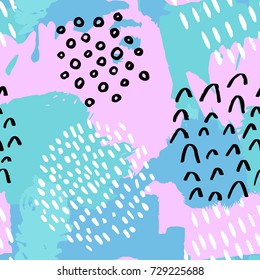 The seamless tender pastel colors pattern with black and white lines, spots, dots and other elements. Brush strokes effect. Hand drawn background. Scandinavian style. Vector illustration