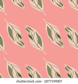 Seamless tender pattern with pastel tones outline leaf shapes. Pink bright background. Nature backdrop. Flat vector print for textile, fabric, giftwrap, wallpapers. Endless illustration.