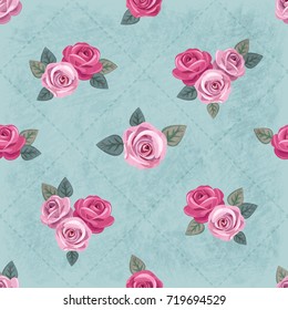 Seamless tender vintage romantic pattern with pink roses on shabby mint green background. Retro wallpaper style. Shabby chic design. Perfect for scrapbooking, greeting cards etc