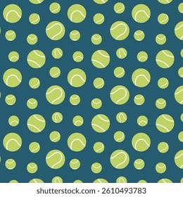 Seamless tennis ball pattern on green background.Colorful seamless pattern featuring green tennis balls of various sizes on greenbackground, ideal for sports designs.