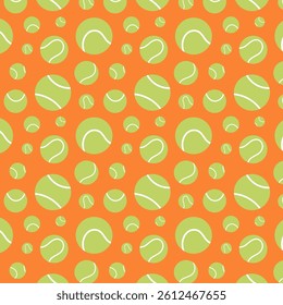 Seamless tennis ball pattern on orange background.Colorful seamless pattern featuring green tennis balls of various sizes on a bright orange background, ideal for sports designs.