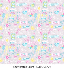 Seamless tennis pattern for kids textiles. Girly background with rackets, doodles, flowers, ball, text. Motivation slogan, sports phrases for t-shirt design, lettering.