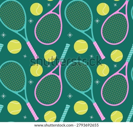 Seamless tennis pattern with rackets and tennis balls. Colorful retro sport background vector illustration and wallpaper design for textiles, wrapping paper, apparel, stationery, and packaging.