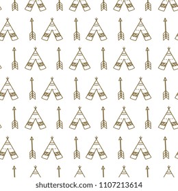 Seamless tepees and arrows line art pattern background.