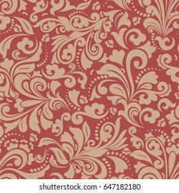 Seamless terracotta background with beige pattern in baroque style. Vector retro illustration. Ideal for printing on fabric or paper.
