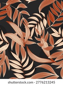 Seamless Terracotta and Copper Tropical Leaf Pattern on Charcoal Background