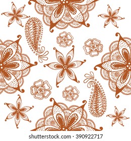Seamless terracotta indian pattern on a white background. Hand drawn doodles. Vector.