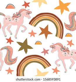 Seamless Terracotta pattern with Unicorns and rainbows. Repeating pattern. Childish Design. Vector Illustration