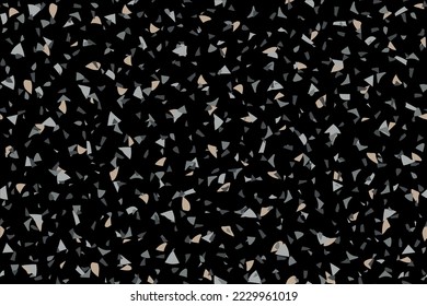 Patrón de Terrazzo sin Marea. Textura moderna negra de Terrazzo. Diseño de granito mosaico abstracto. Planta Veneciana Imprimir Cemento Negro Irregular Arte. Fondo de Piedra Vector Gris. Textura de granito de Mármol.