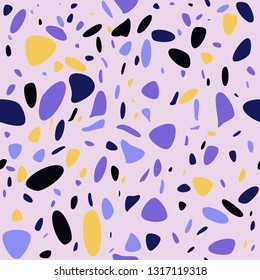 Seamless terrazzo pattern. Hand crafted and unique pattern repeating background. Granite textured shapes in different color. Vector illustration