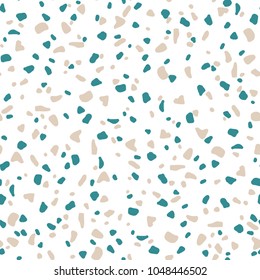 Seamless terrazzo pattern. Marble vector background. Decorative minimalistic swatch. Abstract hand-drawn rocks ornament. Crafted and unique repeating collage. Granite textured shapes in vibrant colors