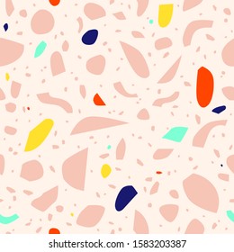 Seamless terrazzo pattern in pink, blue, yellow, red and azure. Contemporary stylish stone texture in Scandinavian style. Hand drawn trendy background for print, design, fabric. Vector illustration