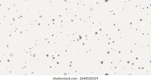Padrão terrazzo sem costura com lascas de pedra cinzenta espalhadas em um fundo neutro claro. Cobertura texturizada de casca de ovo mínima para têxteis, papéis de parede, papel de embrulho, pano de fundo, tecido.