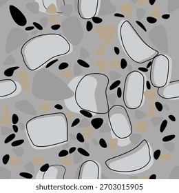 Seamless terrazzo pattern with stones. Vector illustration. Marble flooring texture. Grey, beige, and pale yellow stones with black speckles and scattered dots.