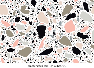 Seamless terrazzo pattern. Vector illustration Background for print home decor, interior, fabric, textile, paper, packaging, covers. Imitation of the surface of a stone floor made of granite particles