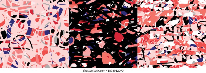 Seamless terrazzo patterns in pink coral shades black grey blue. Vector set of three patterns. Decorative marble stone surface. Fabric paper texture print clipart. Modern abstract geometric wallpaper