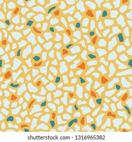 Seamless terrazzo patterns in sunny tones. Abstract vector background. Texture of classic italian mosaic in Venetian style. Imitation of granite and marble. For textile, paper, card, interior design.