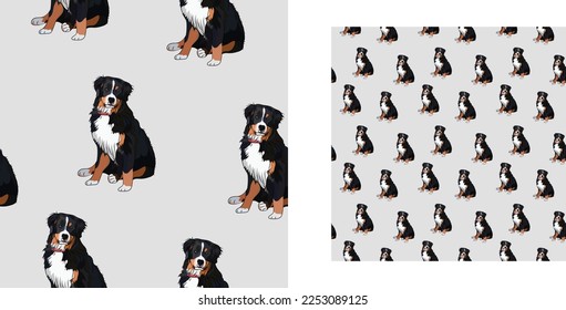 Seamless terrier dog pattern, holiday texture. Light Packaging, textile, decoration, wrapping paper. Trendy hand-drawn funny breed wallpaper. Fun seamless happy Bernese Mountain square pattern. 