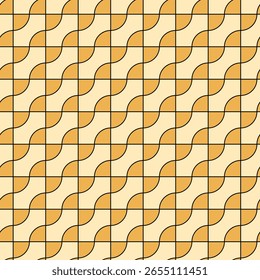 A seamless tessellation of squares, each divided by a black line. Orange curves fill half of each square, forming a continuous, flowing diagonal wave across the white background.