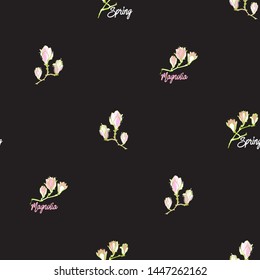 Seamless with text and beige, spring text and pink, pink magnolia flowers in vintage style on black background. Hand drawing watercolor pattern. Vector line art illustration.