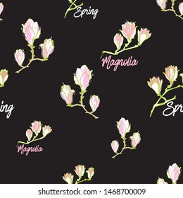Seamless with text and beige, spring text and pink, pink magnolia flowers in vintage style on black background. Hand drawing watercolor pattern. Vector line art illustration.