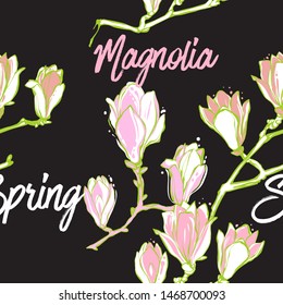 Seamless with text and beige, spring text and pink, pink magnolia flowers in vintage style on black background. Hand drawing watercolor pattern. Vector line art illustration.