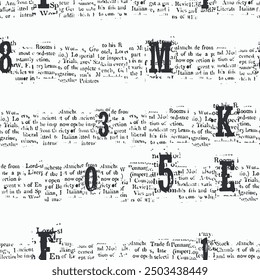 Seamless text pattern with abstract numbers and letters, handwritten and newspaper background elements in black and white colors