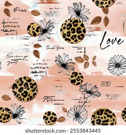 Seamless text pattern with hand drawn round circle, leopard skin and floral background elements in brown and black colors. Abstract lettering and handwritten wallpaper design vector