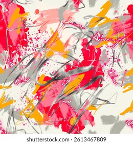 Seamless text pattern with hand drawn abstract art brush background elements in red, orange and silver foil colors. Brush strokes and hand lettering wallpaper design vector
