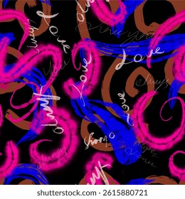 Seamless text pattern with hand drawn abstract art brush background elements in black, pink, blue and brown colors. Brush strokes and hand lettering wallpaper design vector