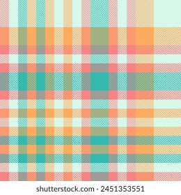 Seamless textile check of texture background vector with a tartan pattern plaid fabric in light and orange colors.