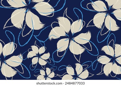 Seamless textile of fabric and hand drawing patterns. A blue and grey floral textile tropical bicolor flower and leaves miniprint. A flowers geometric textile