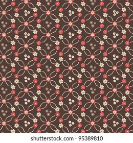 Seamless  textile floral background with red and beige flowers on a brown background