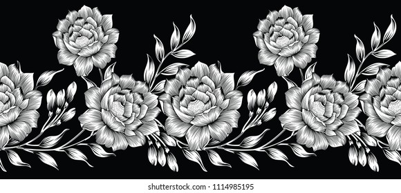 Seamless textile floral border on white background