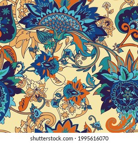 Seamless Textile floral pattern with oriental paisley or buta ornament. Paisley. 