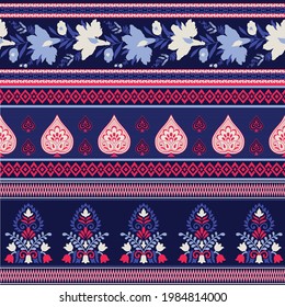 seamless textile flower border pattern  on navy