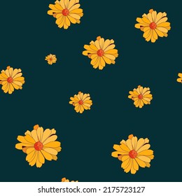 Seamless textile flower pattern marigolds on a dark background. Vector illustration in doodle cartoon style.