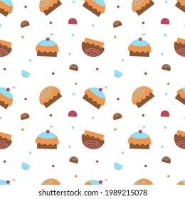 Nahtlose Textilien-Illustration mit Elementen aus Süßigkeiten und süßem Gebäck, Muffins, Brötchen, Bonbons auf weißem Hintergrund. Hintergrund für Stoff oder Tapete. Flache Vektorgrafik.