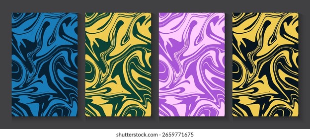 Nahtlose Textilfarbe Flüssige dynamische Wellen Flüssige Marmortextur, bunte abstrakte geometrische Poster, Banner, Karten Hintergrund auf dunkelblau, gelb, lila Farben für Cover, Präsentationen.